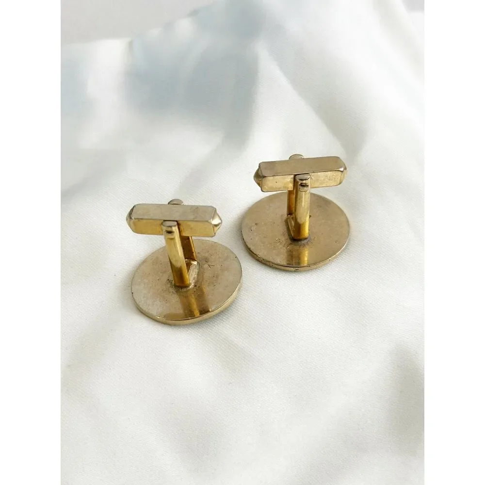 Vintage Round Cufflinks Diamond Design Light Gold Tone MCM Retro
